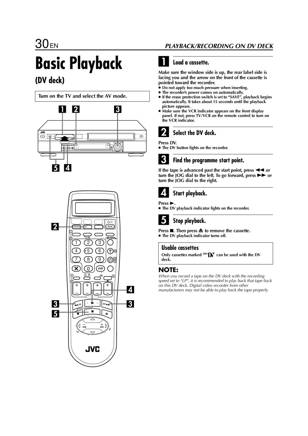 JVC HR-DVS3EU specifications 30 EN, Select the DV deck, Press DV, Find the programme start point 