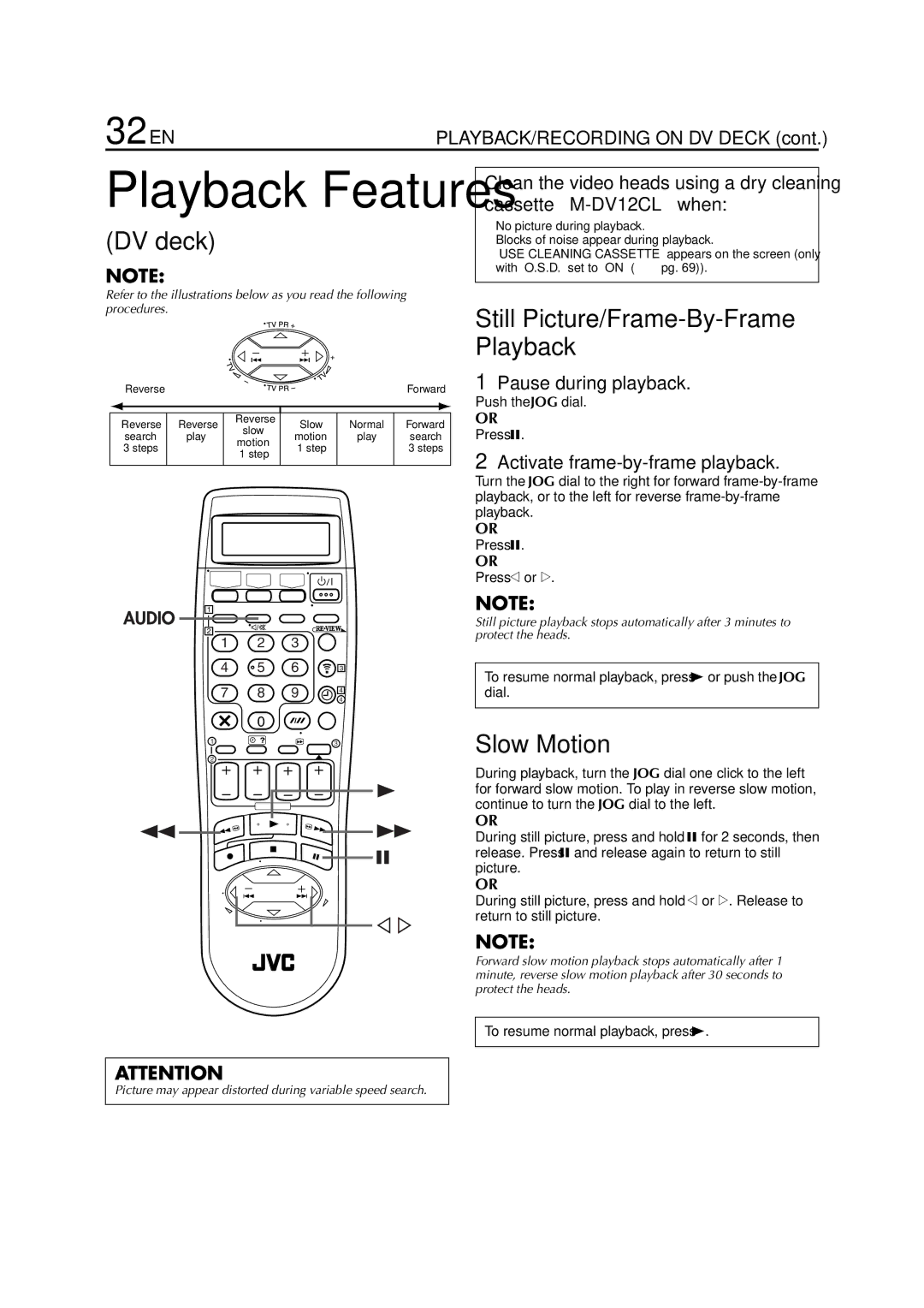 JVC HR-DVS3EU specifications 32 EN, Pause during playback 