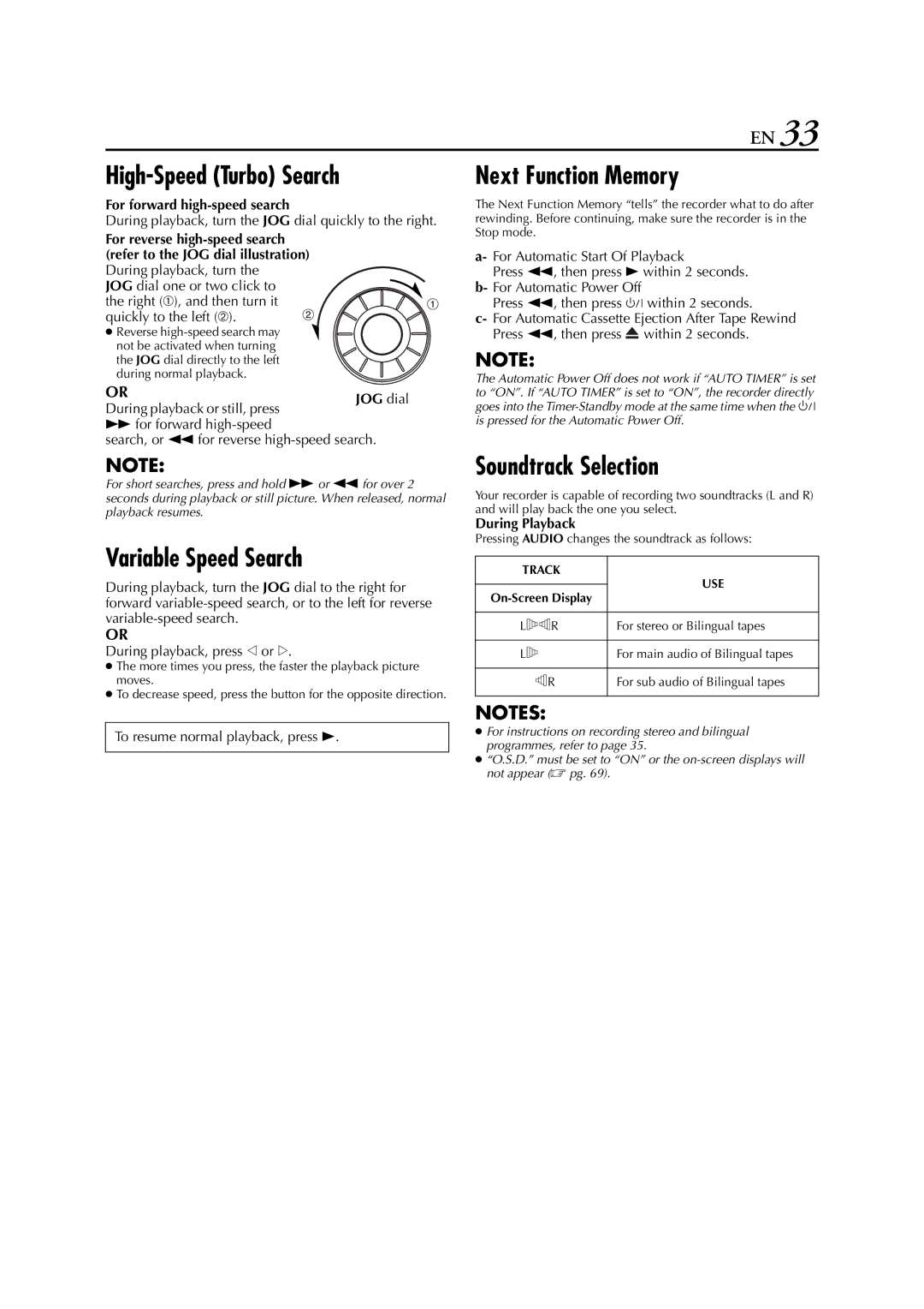 JVC HR-DVS3EU specifications For forward high-speed search, During playback, turn the JOG dial quickly to the right 