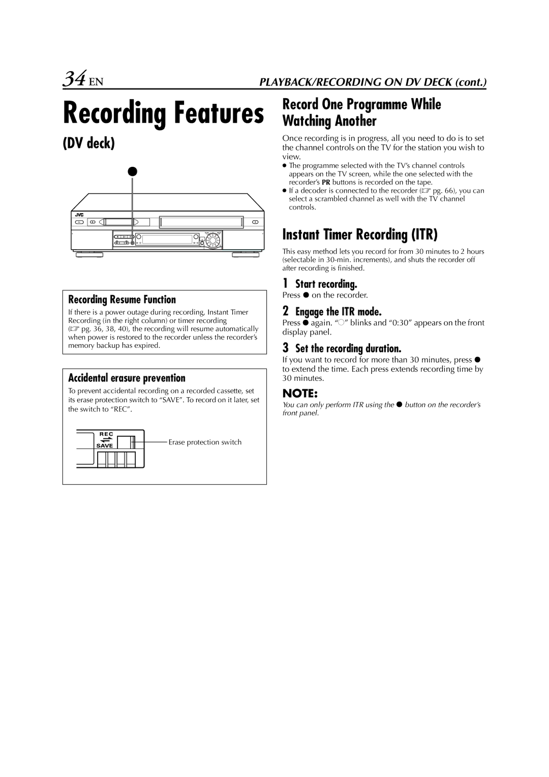 JVC HR-DVS3EU specifications 34 EN, Recording Resume Function 