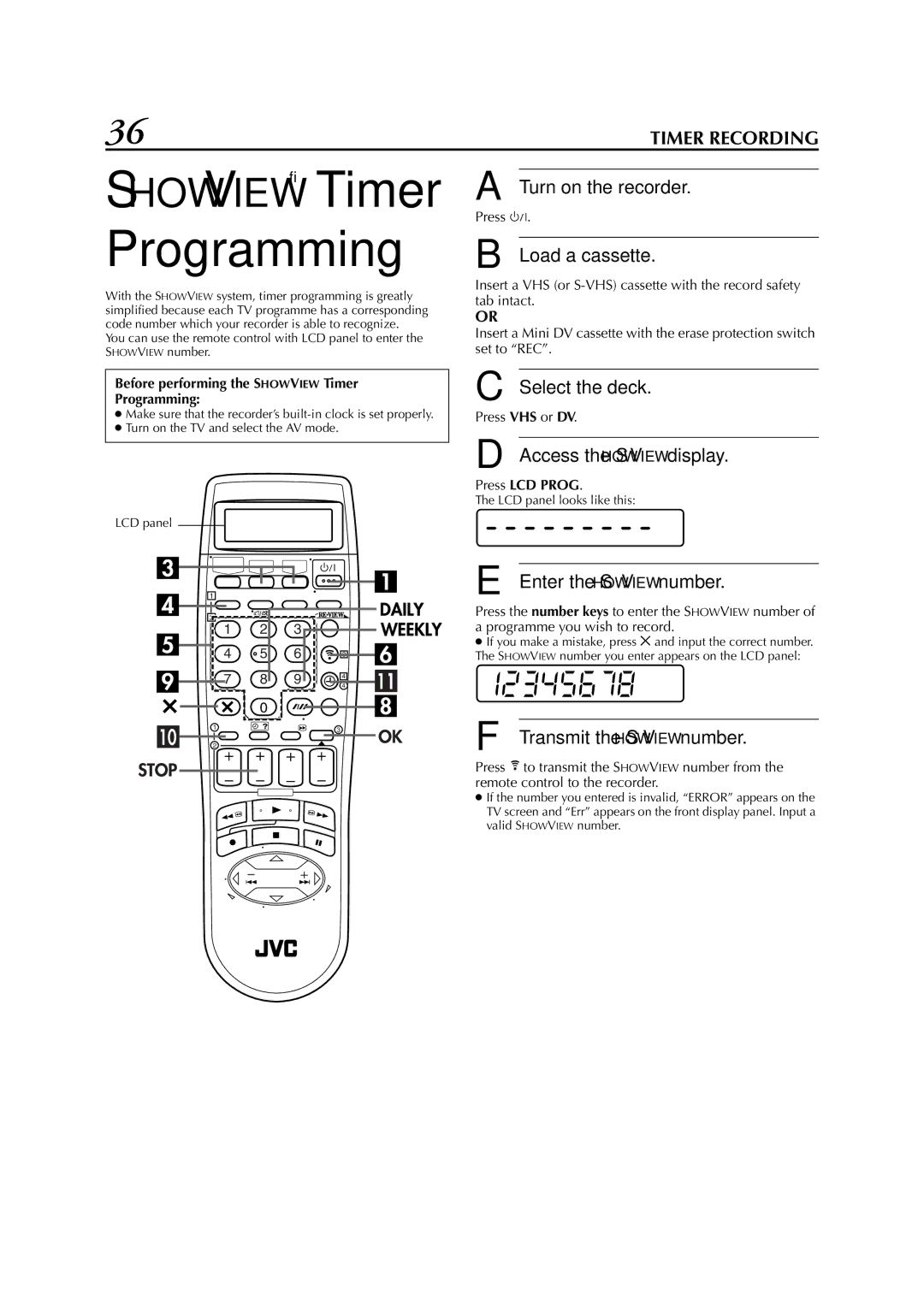 JVC HR-DVS3EU 36 EN, Select the deck, Access the Showview display, Enter the Showview number, Transmit the Showview number 