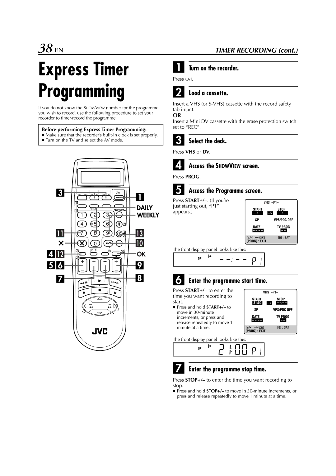 JVC HR-DVS3EU specifications Express Timer Programming, 38 EN 