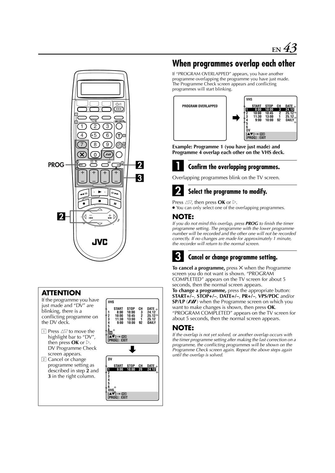 JVC HR-DVS3EU Confirm the overlapping programmes, Select the programme to modify, Cancel or change programme setting 