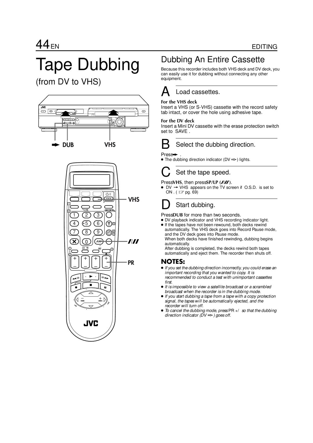 JVC HR-DVS3EU specifications Tape Dubbing, 44 EN, From DV to VHS Dubbing An Entire Cassette 