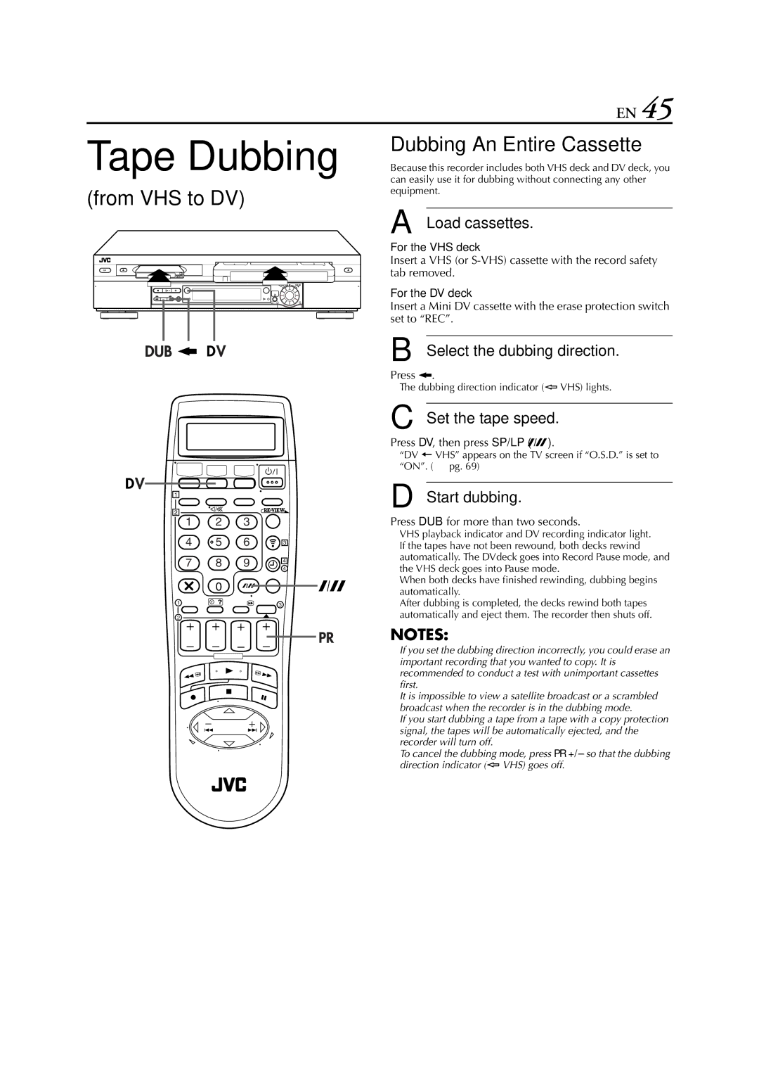 JVC HR-DVS3EU specifications From VHS to DV Dubbing An Entire Cassette, Press DV, then press SP/LP p 