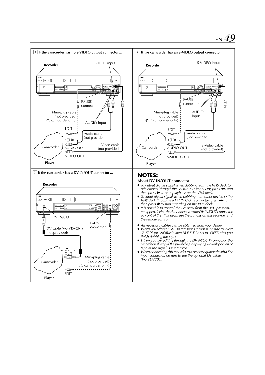 JVC HR-DVS3EU specifications If the camcorder has no S-VIDEO output connector, Recorder Video input, Player 