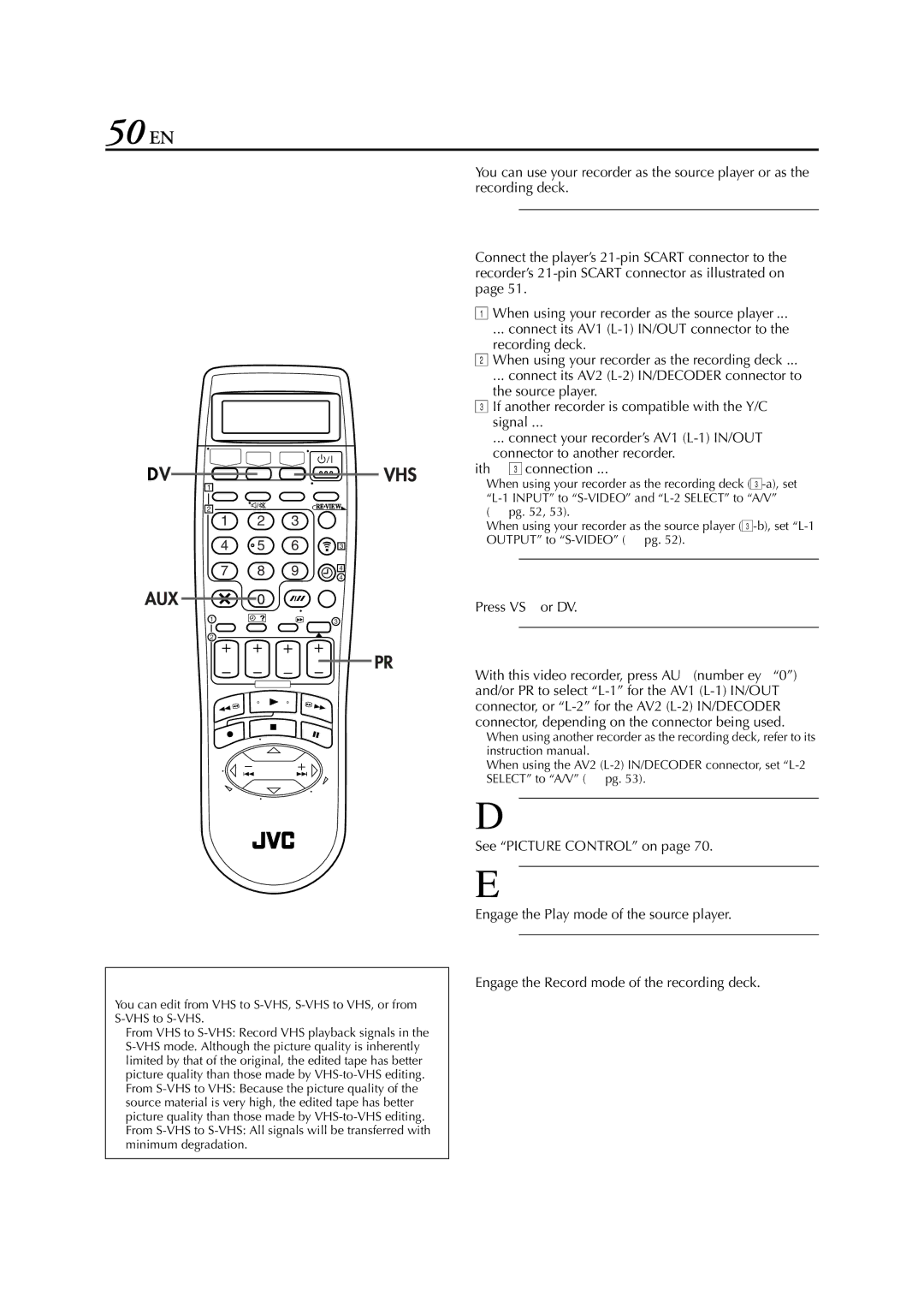 JVC HR-DVS3EU specifications Another Video Recorder, 50 EN 