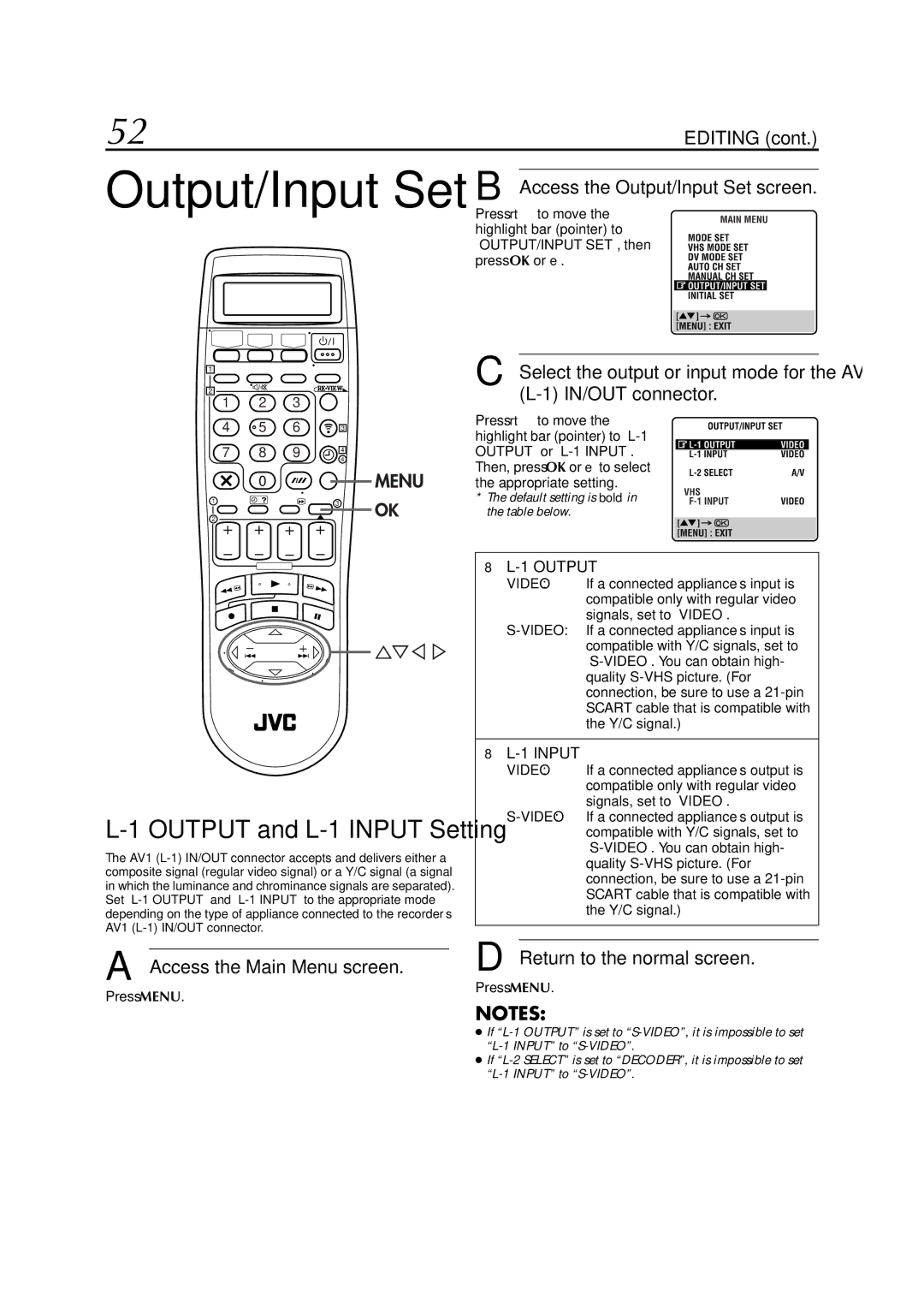 JVC HR-DVS3EU specifications Output/Input Set, Press rt to move 