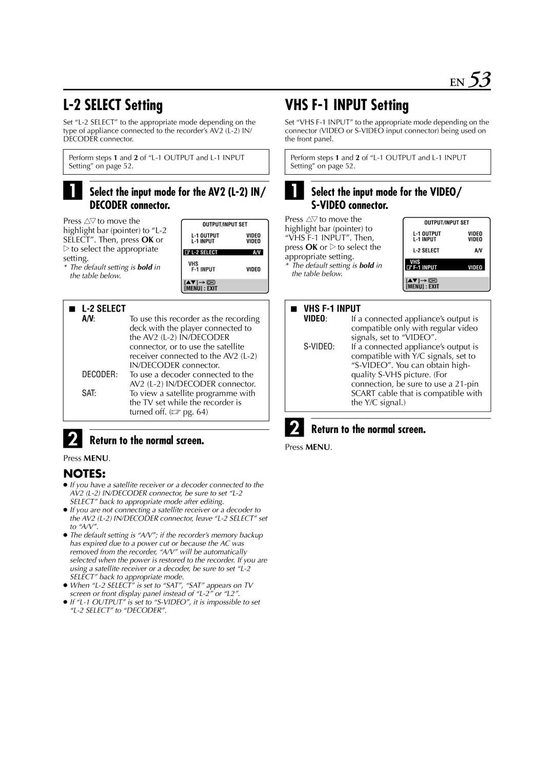 JVC HR-DVS3EU specifications Select Setting, VHS F-1 Input Setting, Decoder connector 