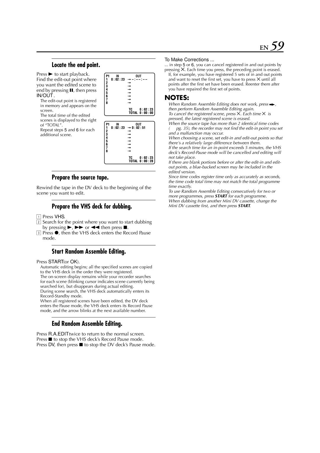 JVC HR-DVS3EU Locate the end point, Prepare the source tape, Start Random Assemble Editing, End Random Assemble Editing 