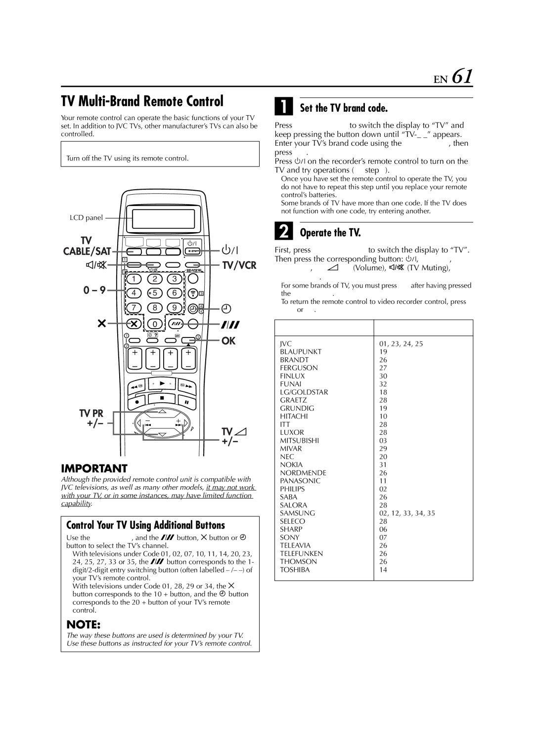 JVC HR-DVS3EU TV Multi-Brand Remote Control, Set the TV brand code, Operate the TV, Before performing the following steps 