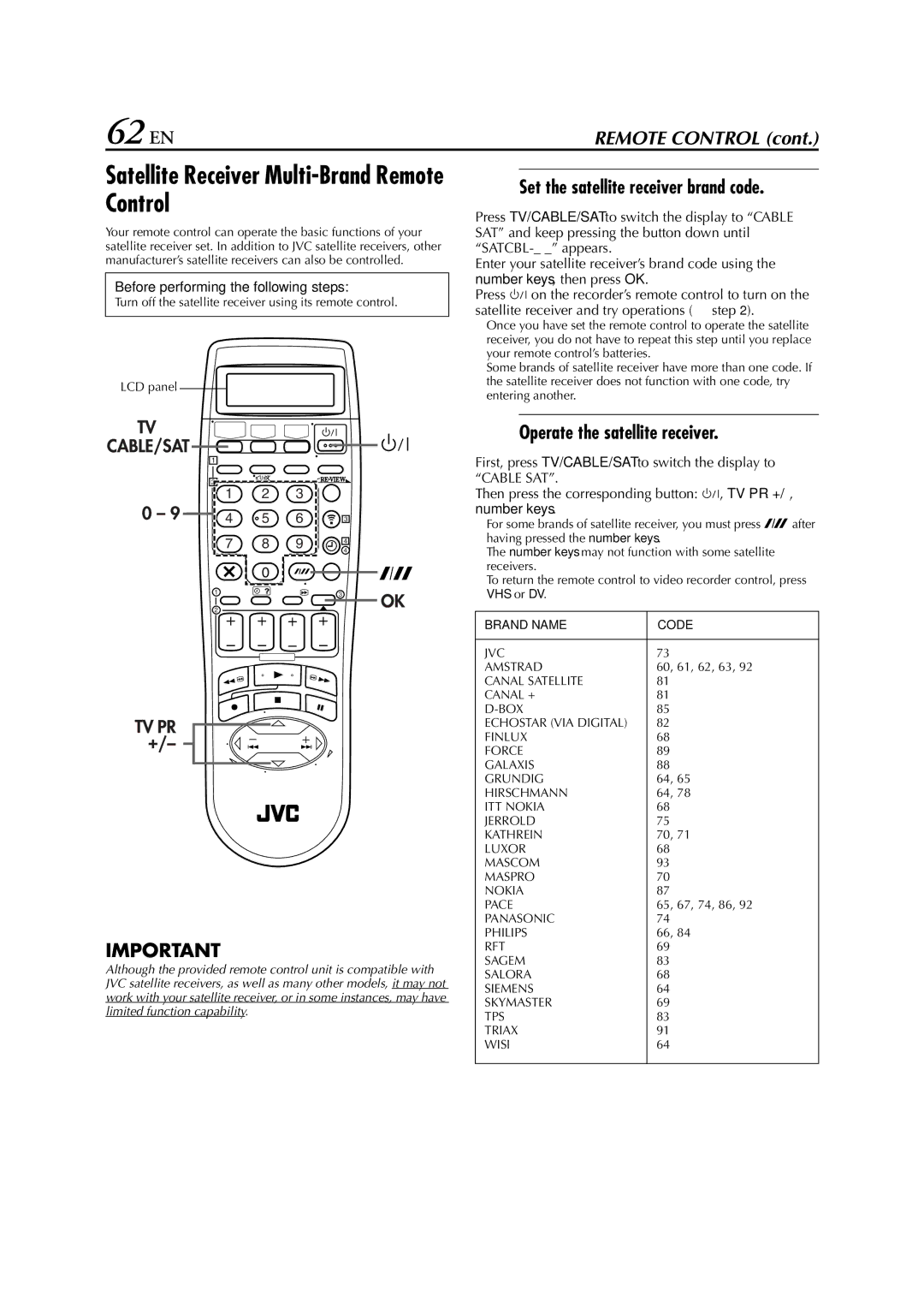 JVC HR-DVS3EU specifications 62 EN, Satellite Receiver Multi-Brand Remote Control, Set the satellite receiver brand code 