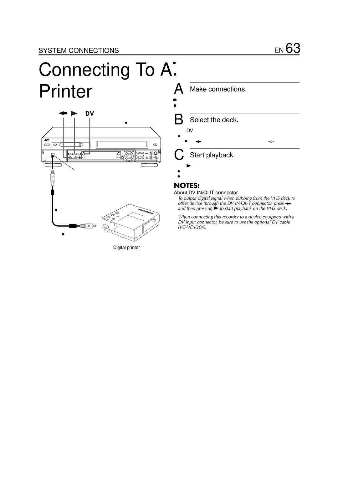 JVC HR-DVS3EU specifications About DV IN/OUT connector, To DV in connector, Digital printer 