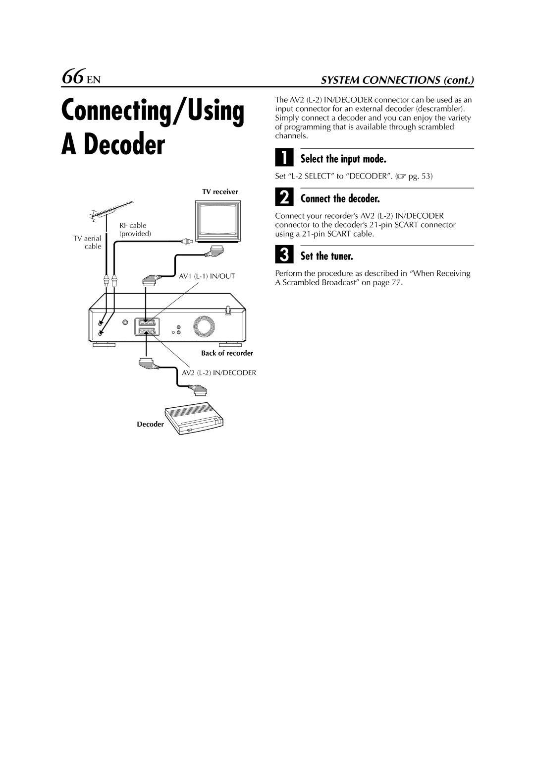 JVC HR-DVS3EU 66 EN, Select the input mode, Connect the decoder, Set the tuner, Set L-2 Select to DECODER. pg 