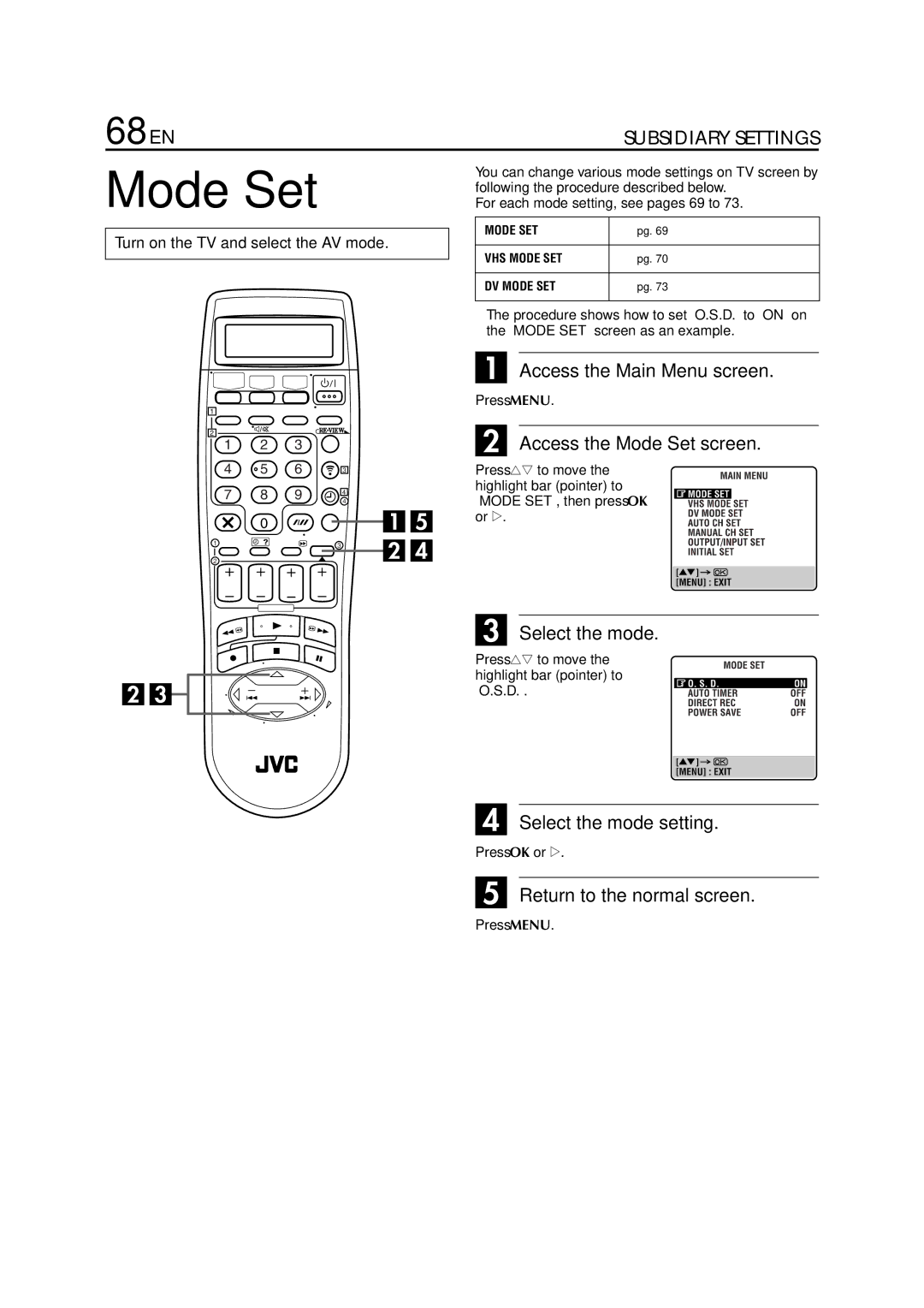 JVC HR-DVS3EU specifications 68 EN, Access the Mode Set screen, Select the mode setting 