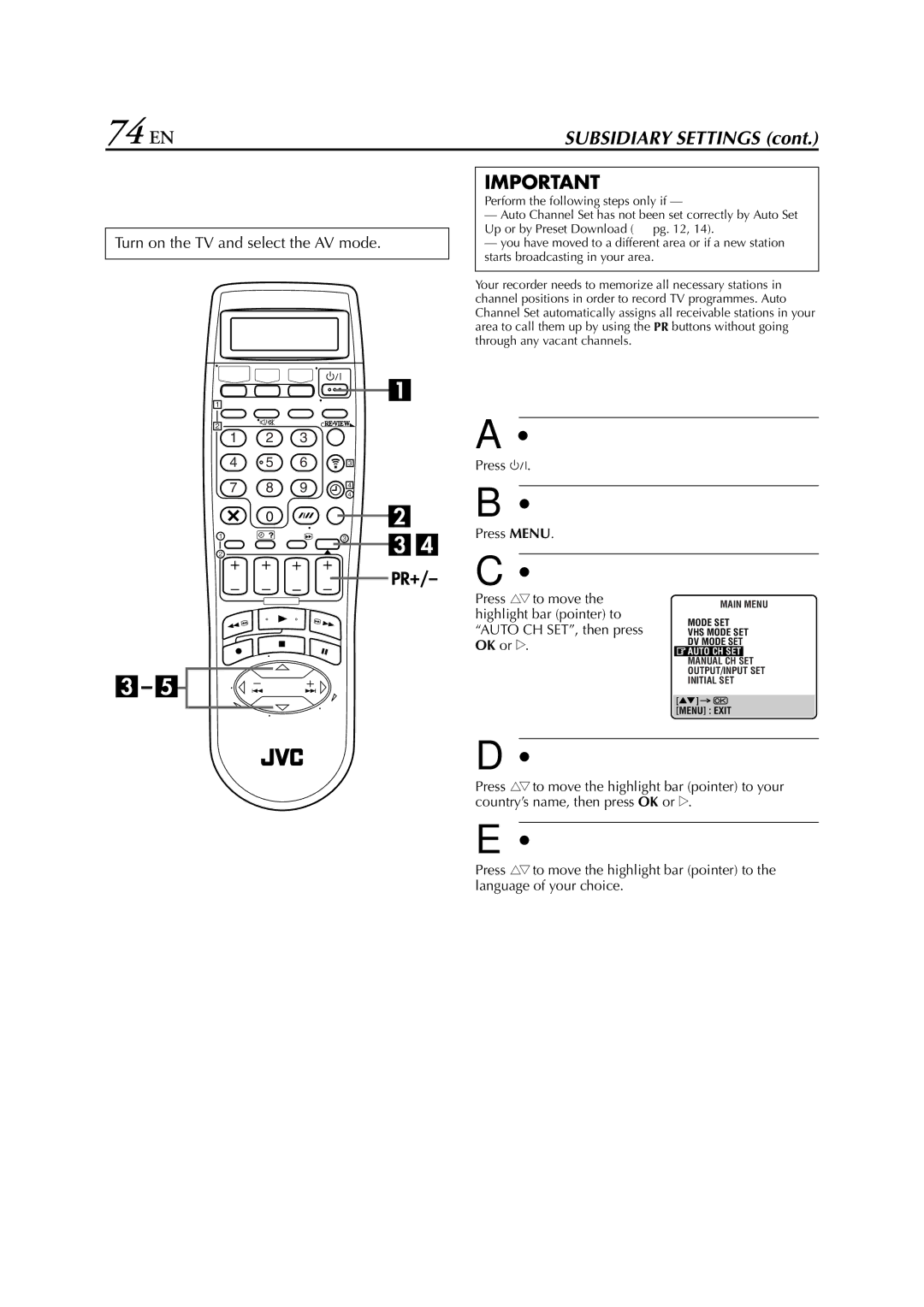 JVC HR-DVS3EU specifications Tuner Set, 74 EN, Access the Auto Channel Set screen 