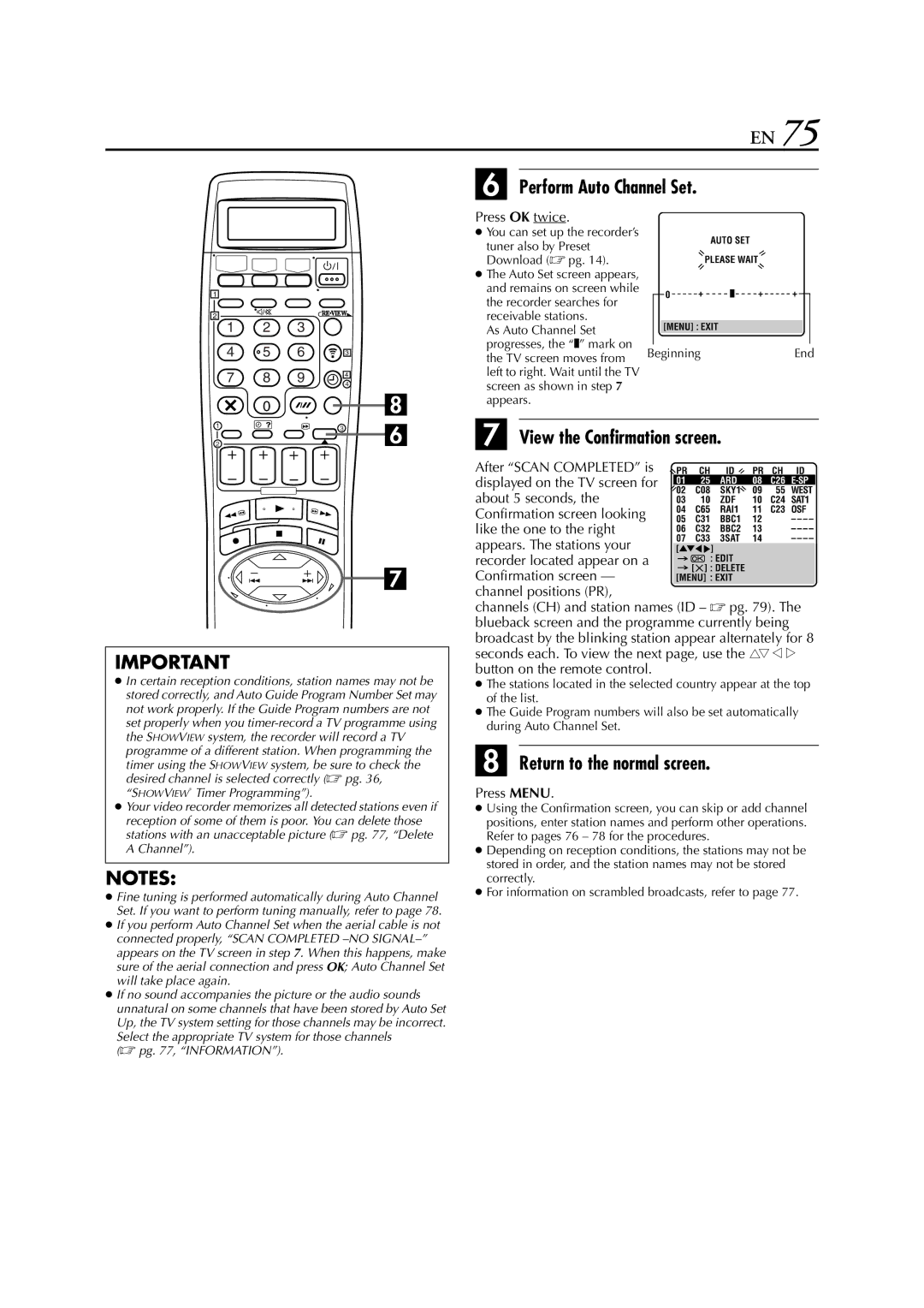 JVC HR-DVS3EU specifications Perform Auto Channel Set, View the Confirmation screen, Press OK twice, TV screen moves from 