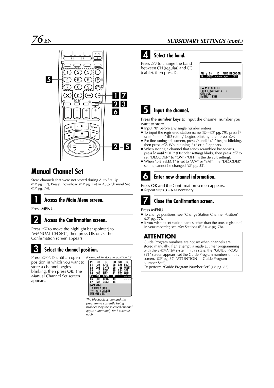 JVC HR-DVS3EU specifications 76 EN, Manual Channel Set 