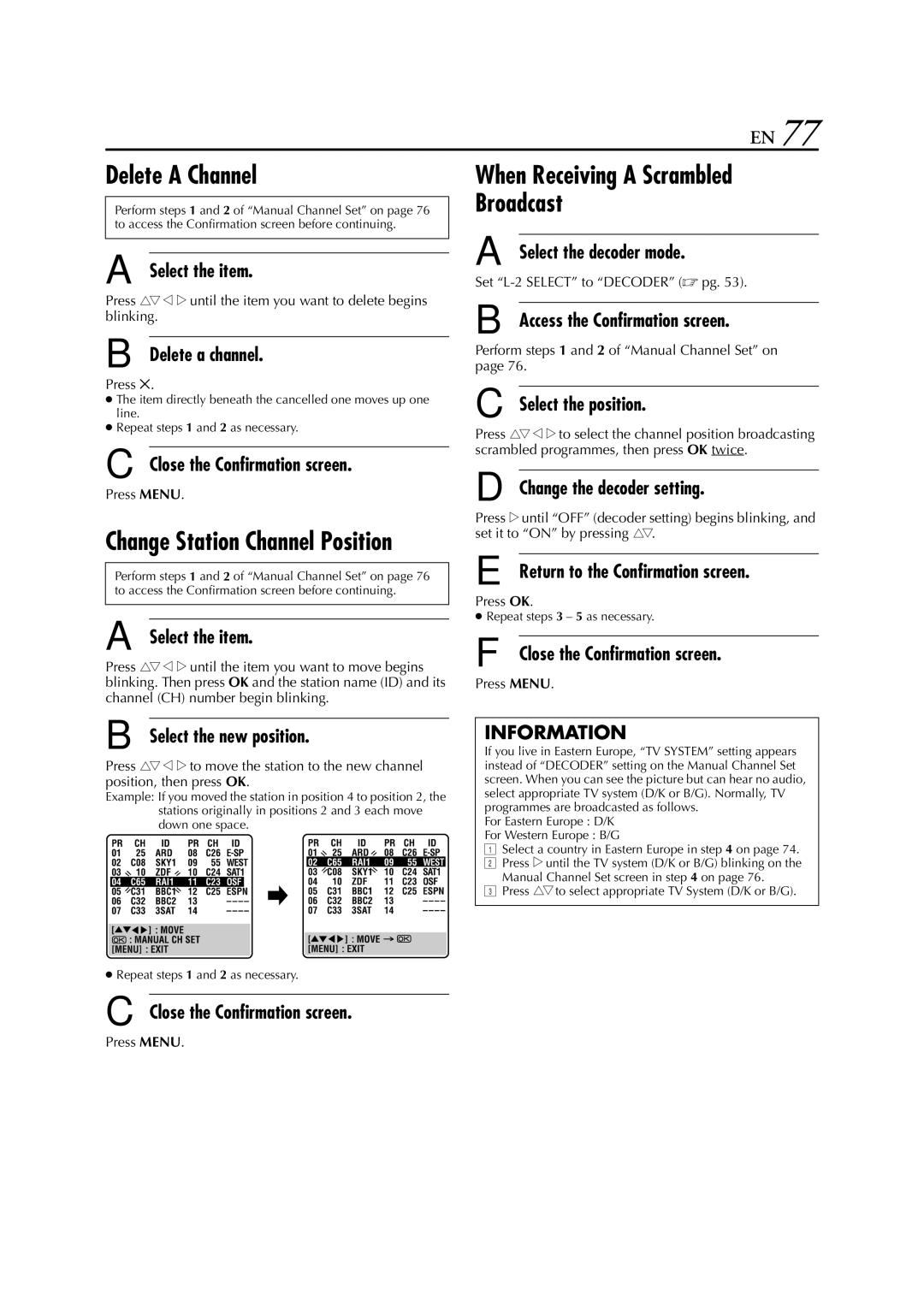 JVC HR-DVS3EU specifications Delete a Channel, When Receiving a Scrambled Broadcast 