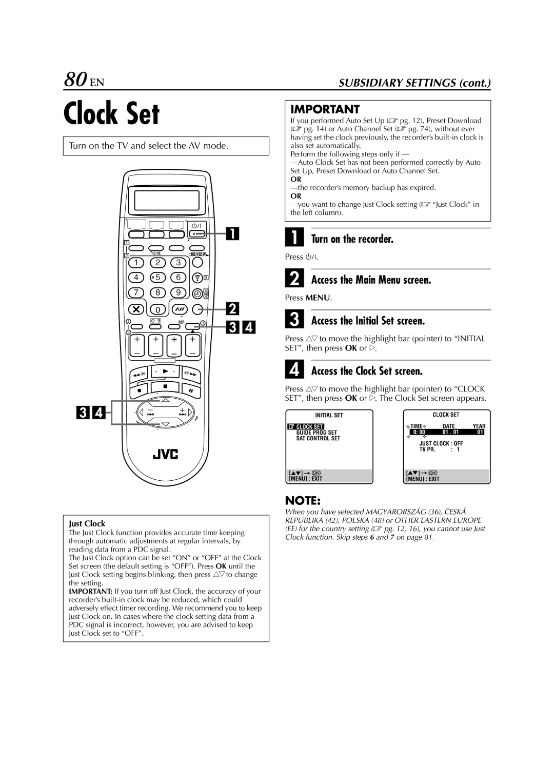 JVC HR-DVS3EU specifications 80 EN, Access the Clock Set screen 