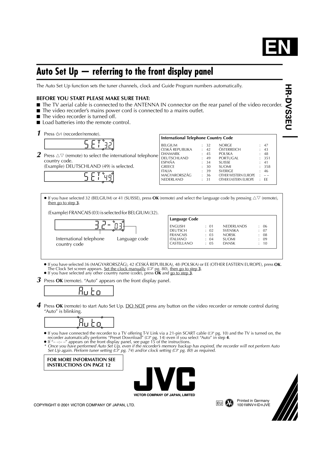 JVC HR-DVS3EU Example Francais 03 is selected for Belgium, International telephone Language code, Country code 