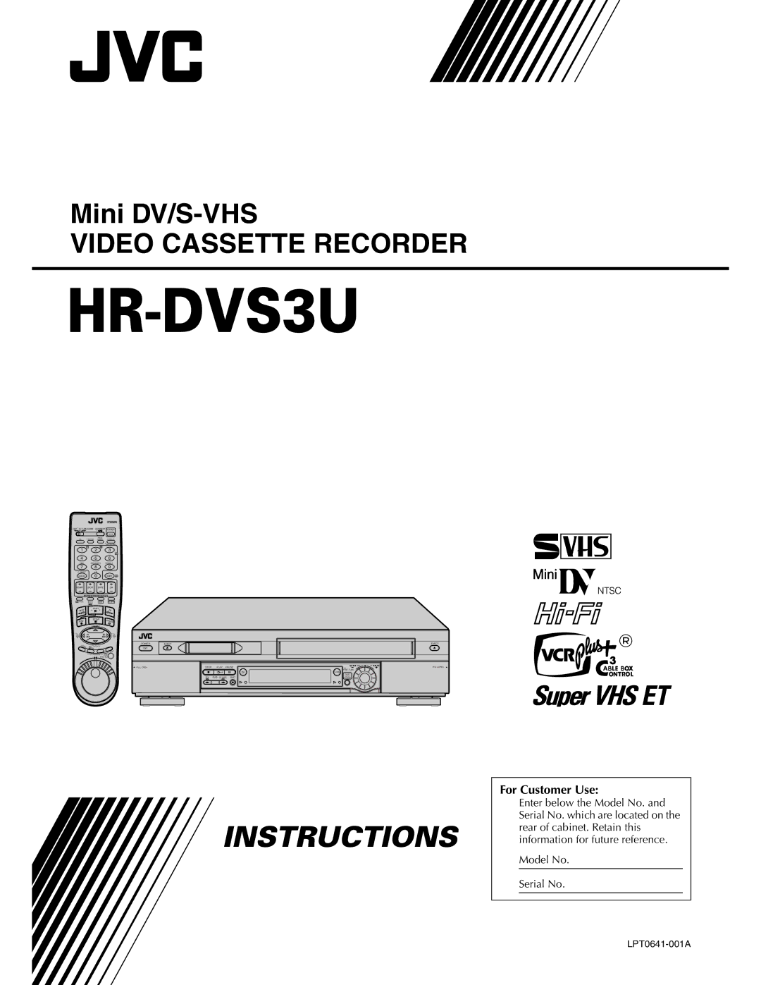 JVC hr-dvs3u manual Video Cassette Recorder, For Customer Use 