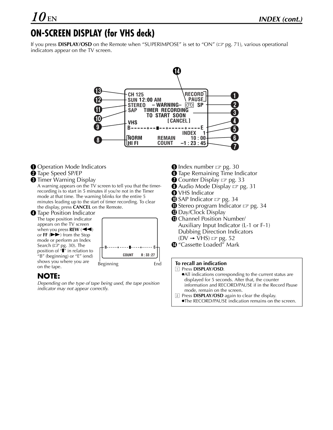 JVC hr-dvs3u manual 10 EN, ON-SCREEN Display for VHS deck, To recall an indication, Press DISPLAY/OSD 