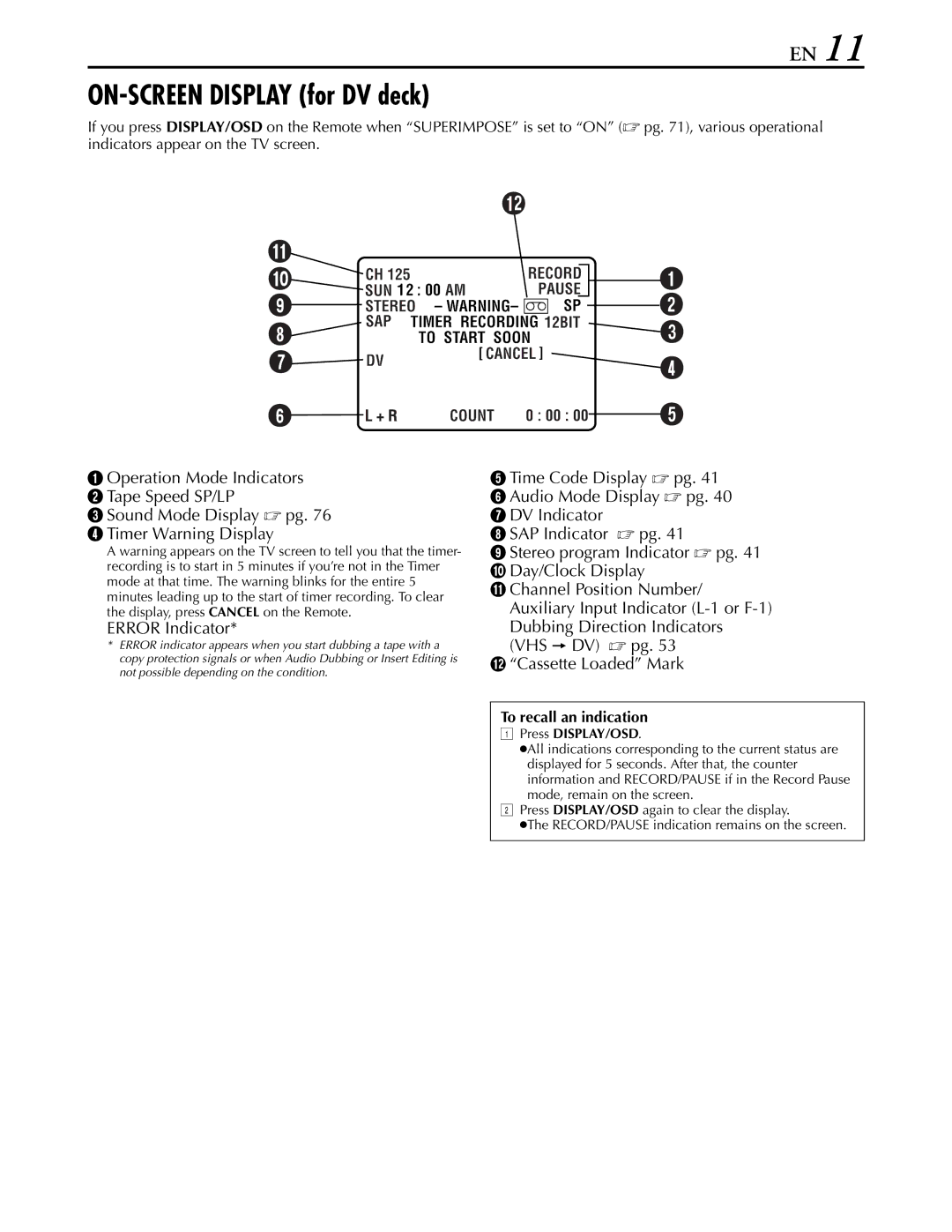 JVC hr-dvs3u manual ON-SCREEN Display for DV deck 