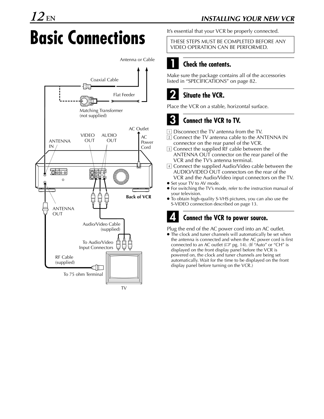 JVC hr-dvs3u manual 12 EN, Check the contents, Situate the VCR, Connect the VCR to TV, Connect the VCR to power source 