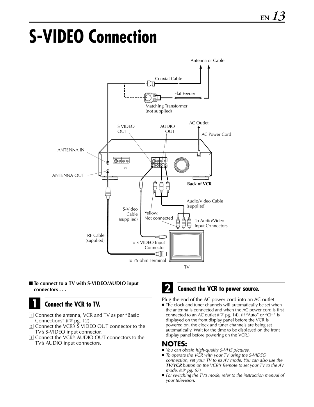 JVC hr-dvs3u manual Video Connection, 8To connect to a TV with S-VIDEO/AUDIO input connectors 