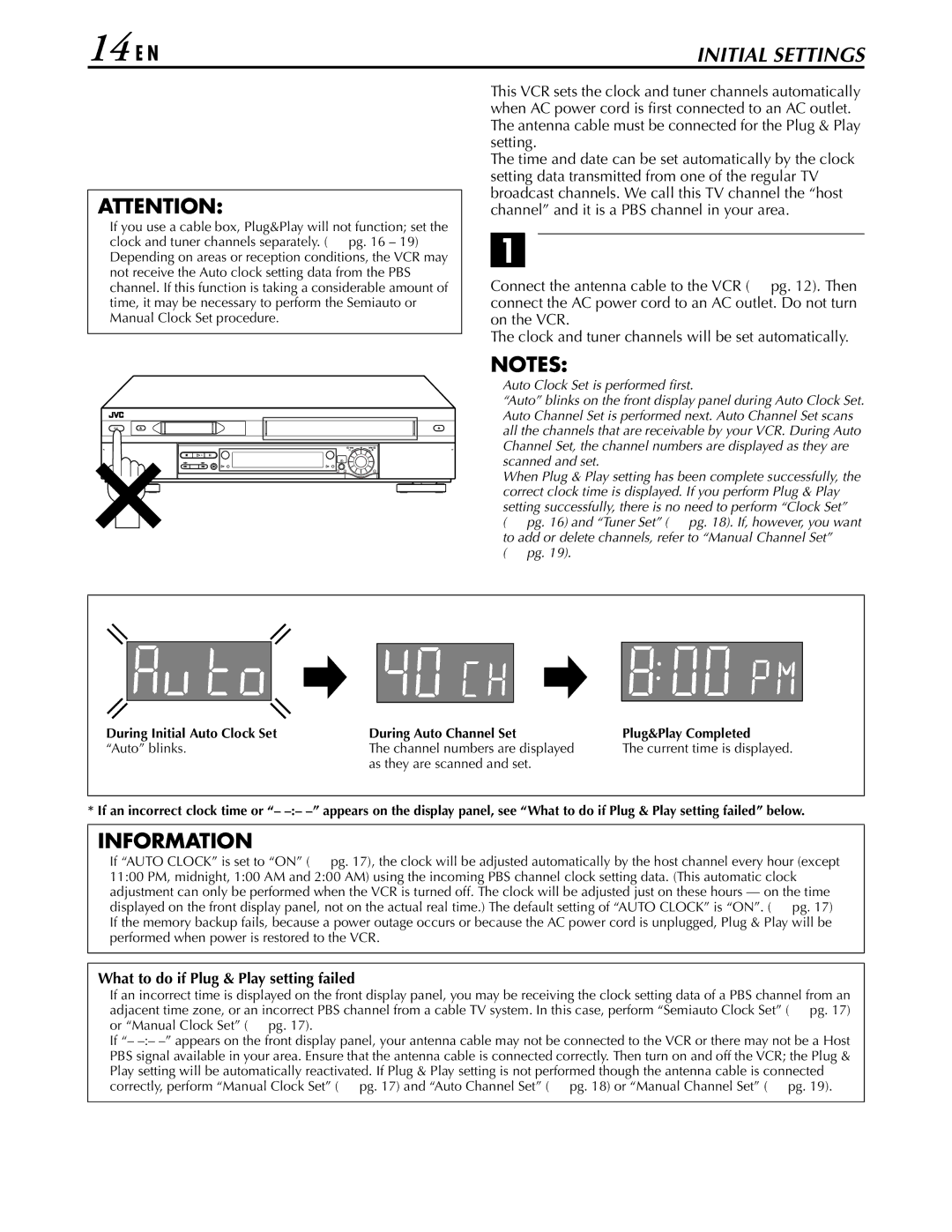 JVC hr-dvs3u manual Plug & Play Set, 14 EN, Auto Clock Set/Auto Tuner Set, Perform Plug & Play setup 