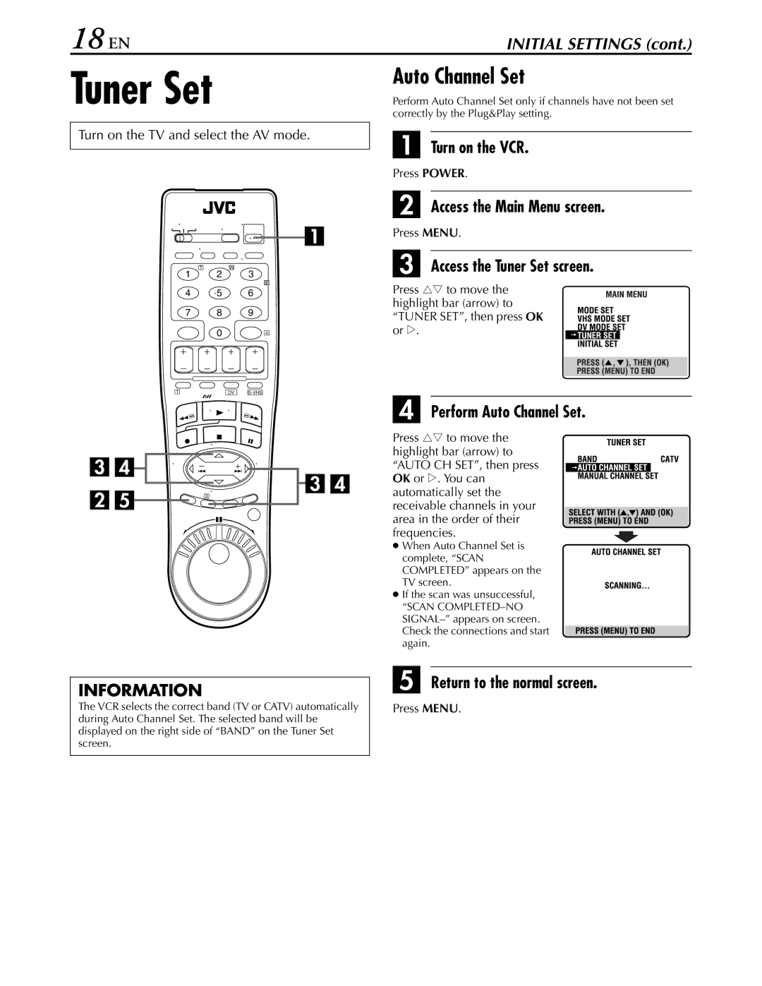 JVC hr-dvs3u manual 18 EN, Access the Tuner Set screen, Perform Auto Channel Set 