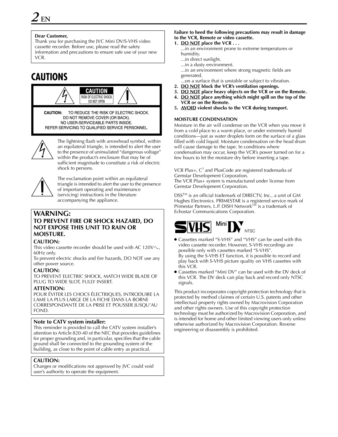 JVC hr-dvs3u manual Dear Customer, Moisture Condensation 