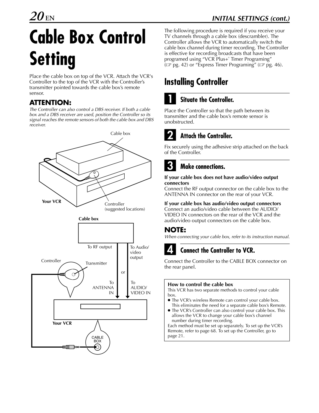 JVC hr-dvs3u manual 20 EN, Installing Controller 