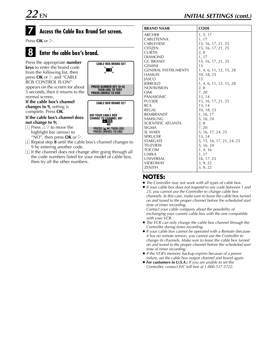 JVC hr-dvs3u manual 22 EN, Enter the cable box’s brand, Press OK or e, If the cable box’s channel does not change to 