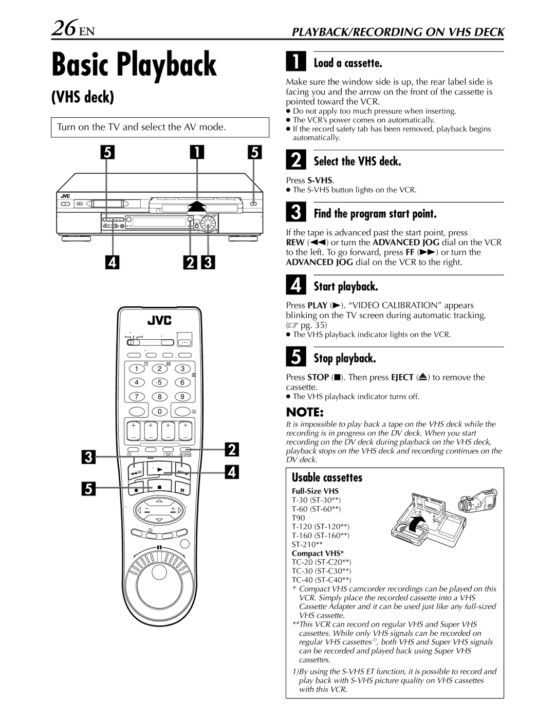 JVC hr-dvs3u manual Basic Playback, 26 EN, VHS deck 