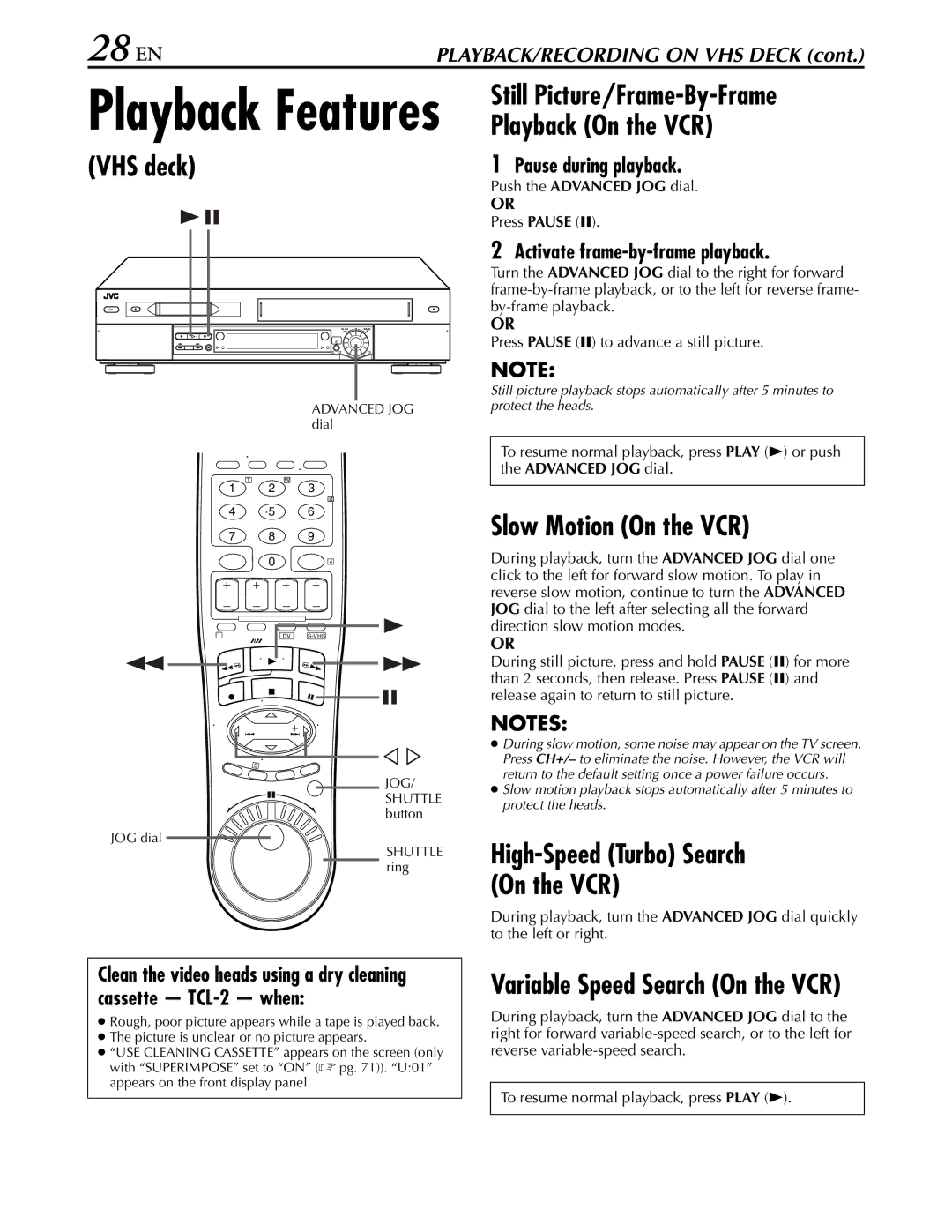 JVC hr-dvs3u manual 28 EN, Slow Motion On the VCR, Activate frame-by-frame playback, Push the Advanced JOG dial Press Pause 