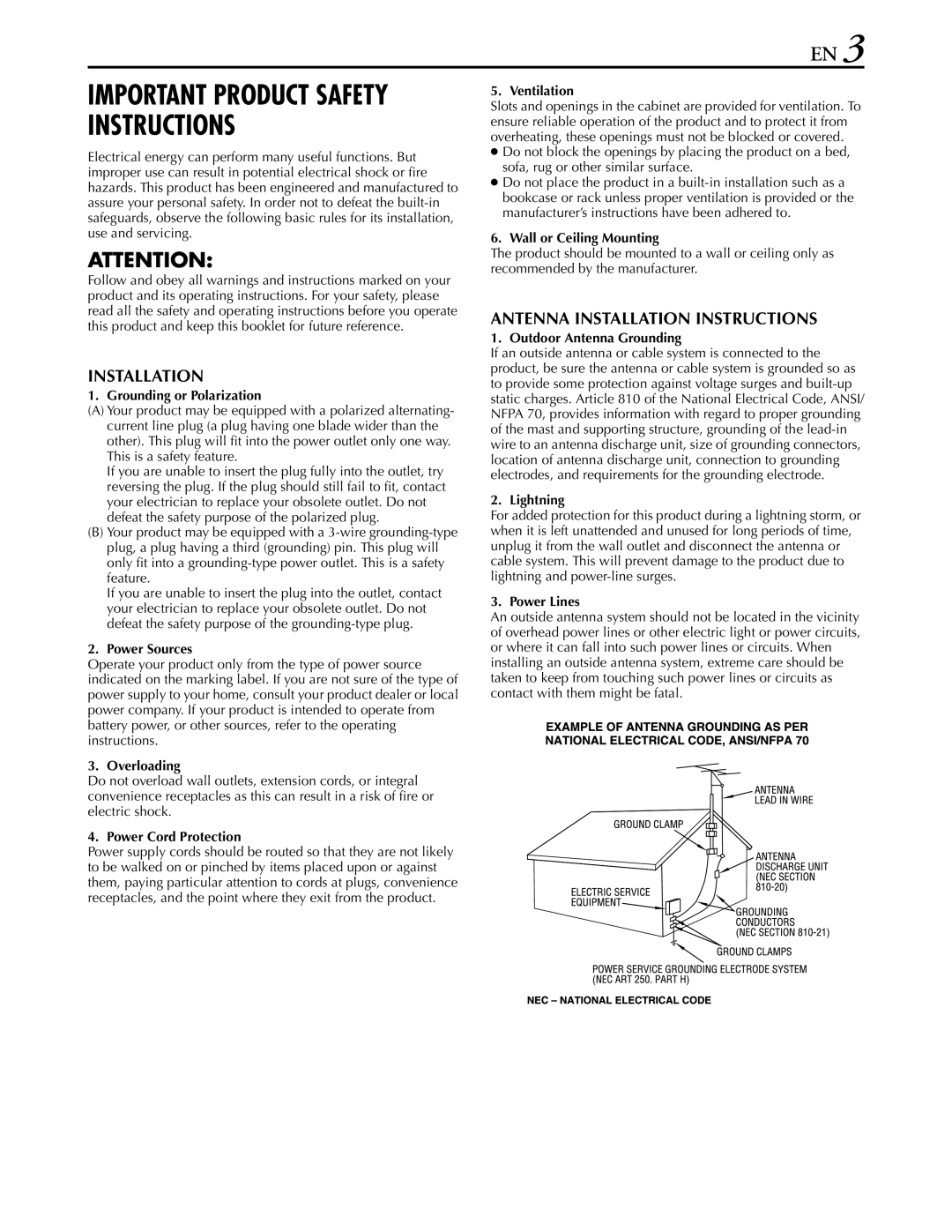 JVC hr-dvs3u manual Grounding or Polarization, Power Sources, Overloading, Power Cord Protection, Ventilation, Lightning 