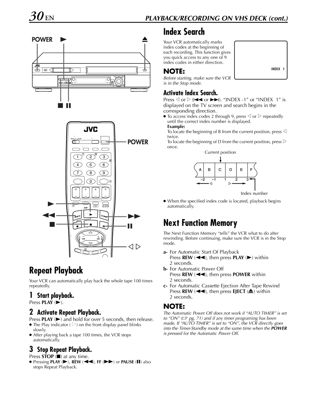 JVC hr-dvs3u manual 30 EN, Index Search, Repeat Playback, Next Function Memory 