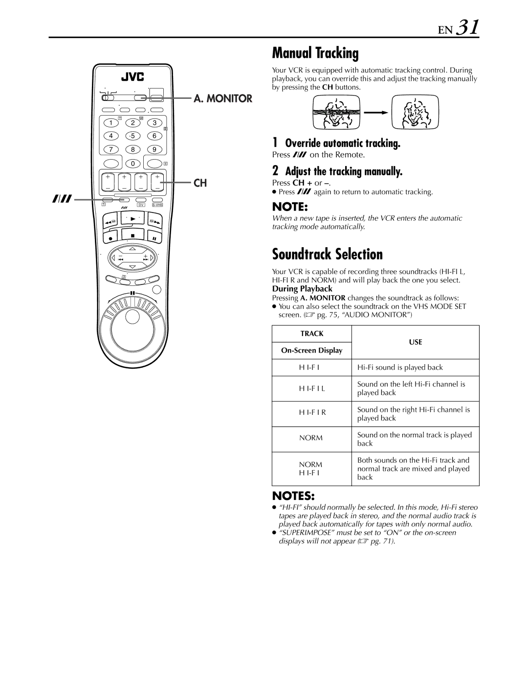 JVC hr-dvs3u Manual Tracking, Soundtrack Selection, Override automatic tracking, Adjust the tracking manually 