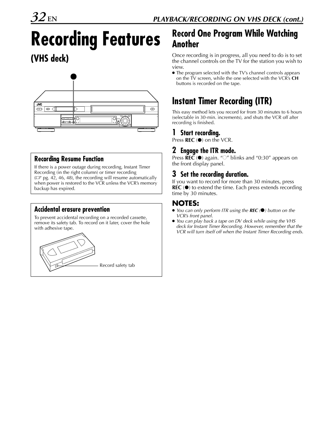 JVC hr-dvs3u manual 32 EN, Record One Program While Watching Another, Instant Timer Recording ITR 