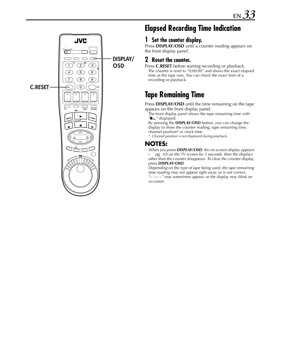 JVC hr-dvs3u manual Elapsed Recording Time Indication, Tape Remaining Time, Set the counter display, Reset the counter 