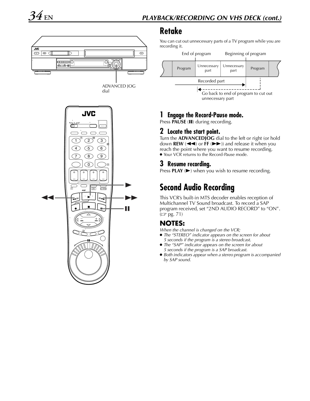 JVC hr-dvs3u manual 34 EN, Retake, Second Audio Recording 