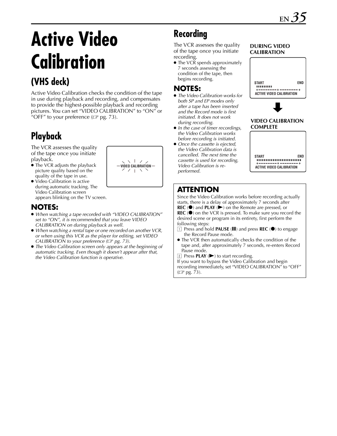 JVC hr-dvs3u manual Active Video Calibration, Playback, Recording 