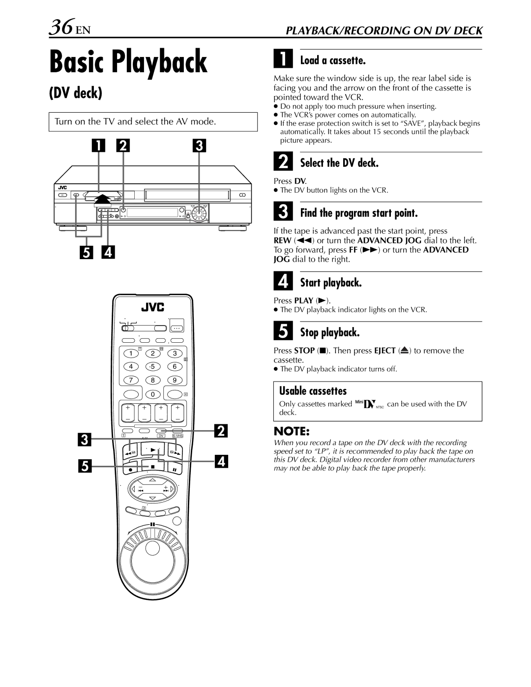 JVC hr-dvs3u manual 36 EN, Select the DV deck, Press DV 