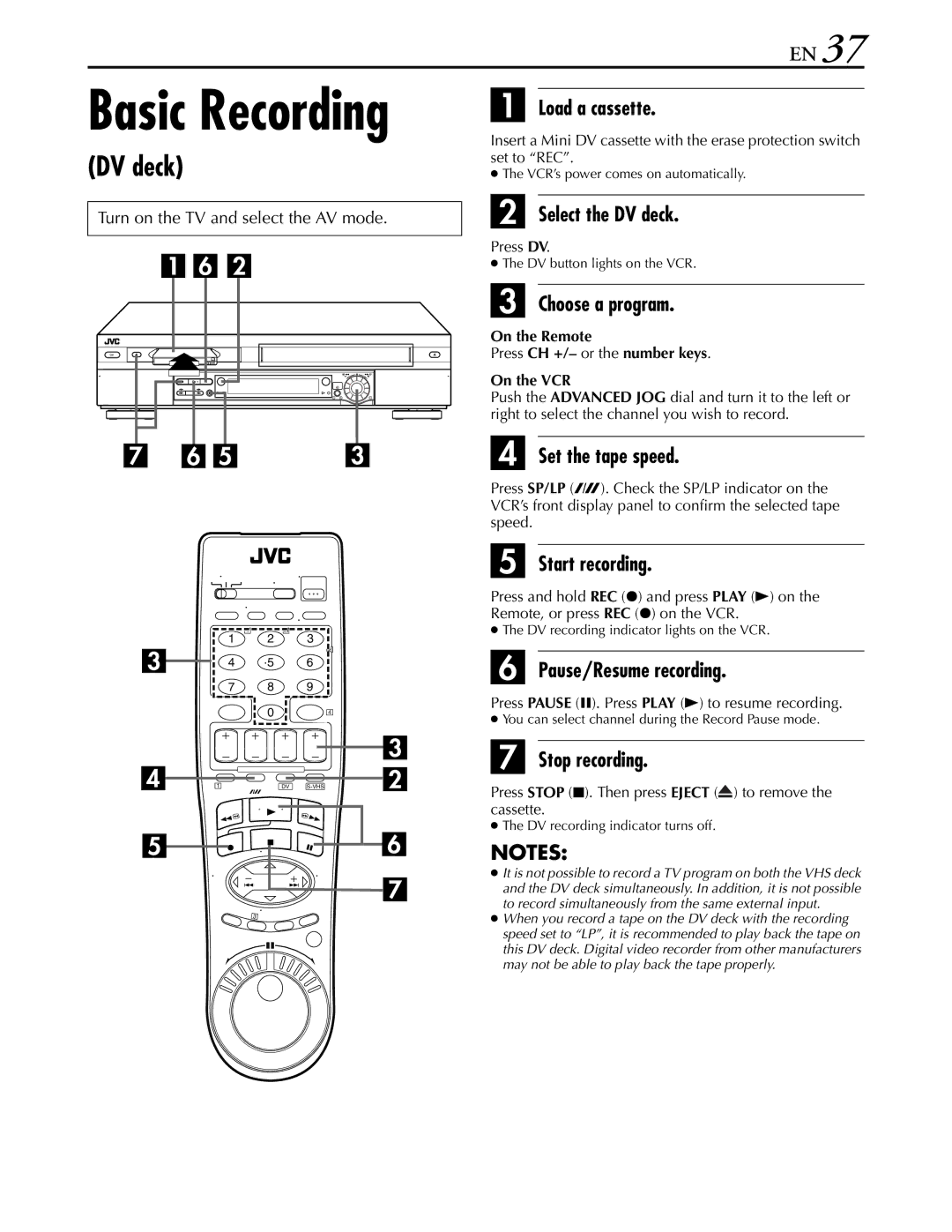 JVC hr-dvs3u manual DV recording indicator lights on the VCR, DV recording indicator turns off 