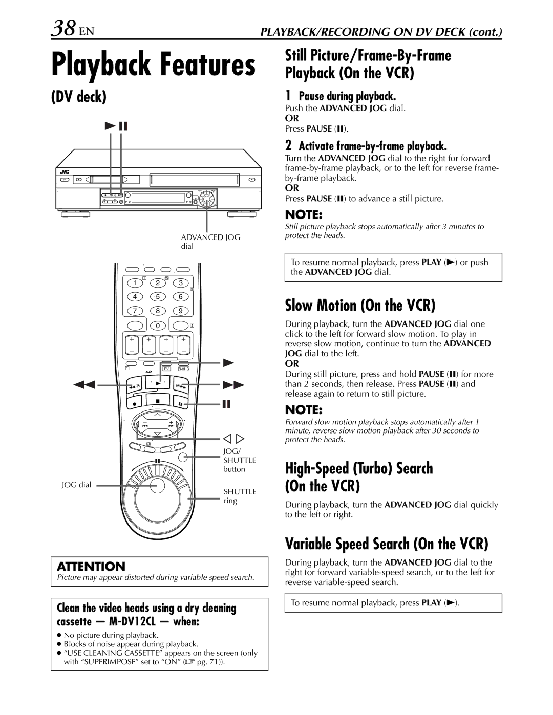 JVC hr-dvs3u manual 38 EN, Advanced JOG dial 