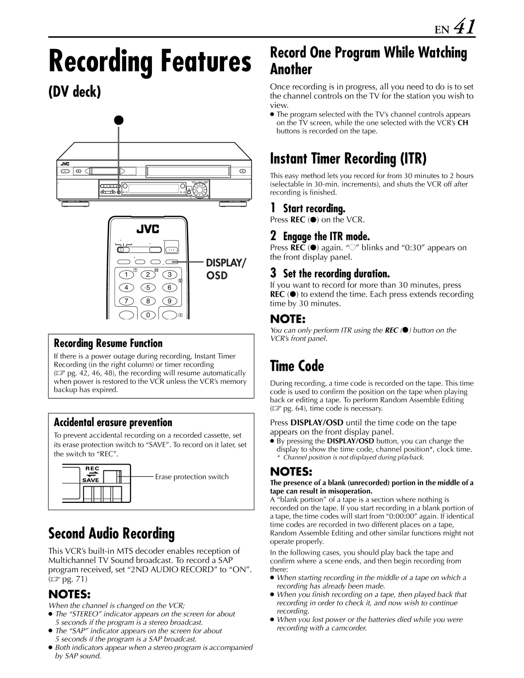 JVC hr-dvs3u manual DV deck, Time Code 