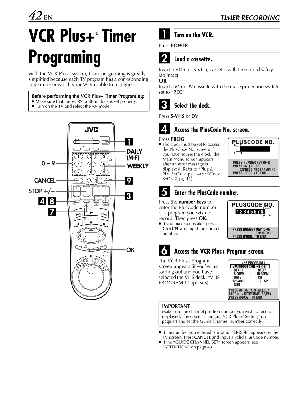 JVC hr-dvs3u manual 42 EN, Select the deck, Access the PlusCode No. screen, Enter the PlusCode number 