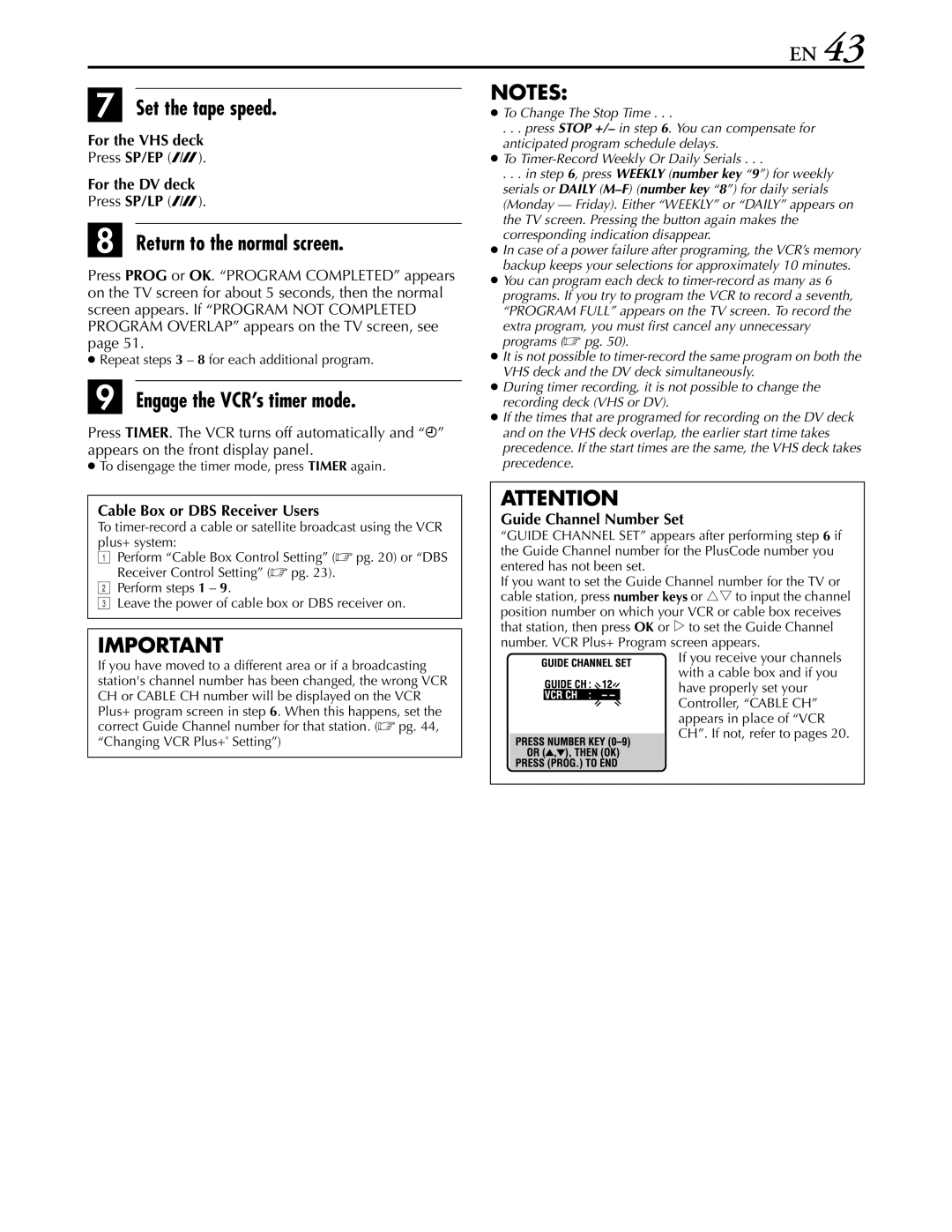 JVC hr-dvs3u manual Engage the VCR’s timer mode, For the VHS deck, For the DV deck, Cable Box or DBS Receiver Users 